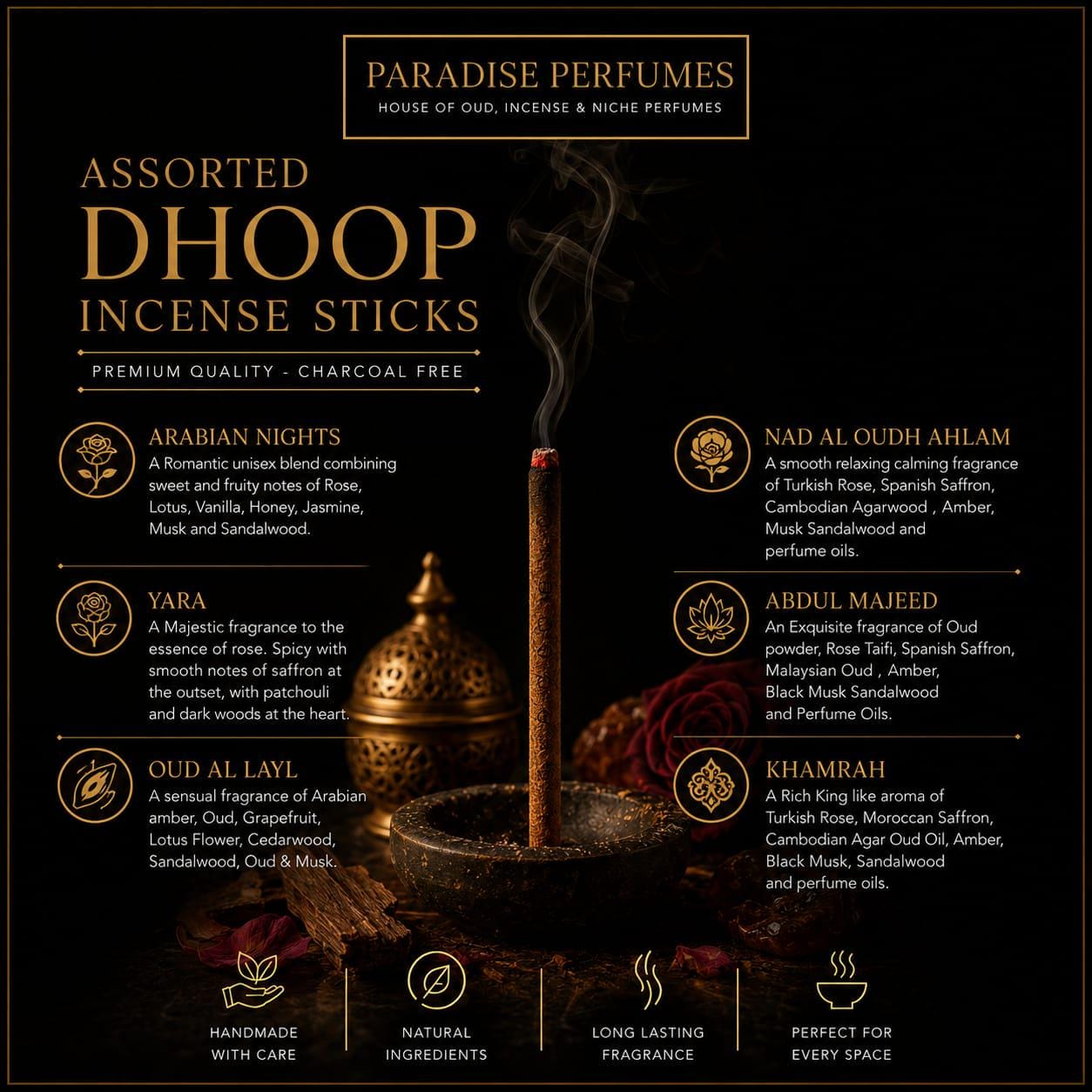 Handmade Arabian Incense Dhoop Sticks: Natural Fragrance, Charcoal Free