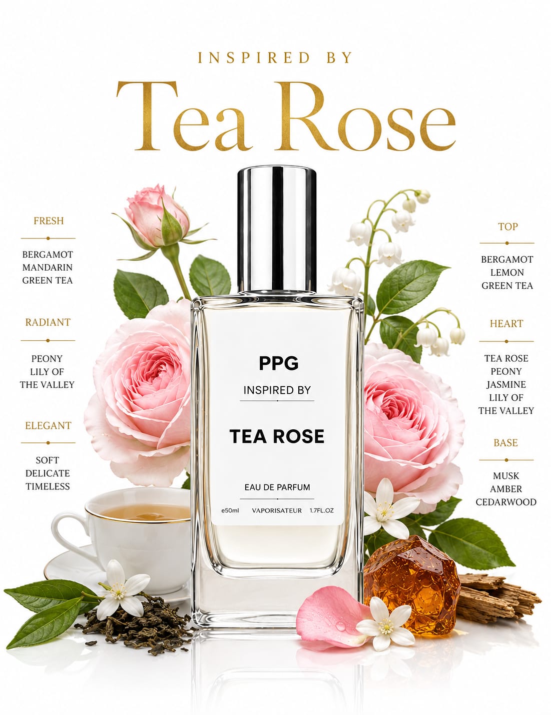 Tea Rose Perfume Spray: Fresh Classic Floral Scent, Vegan EDP 50ml