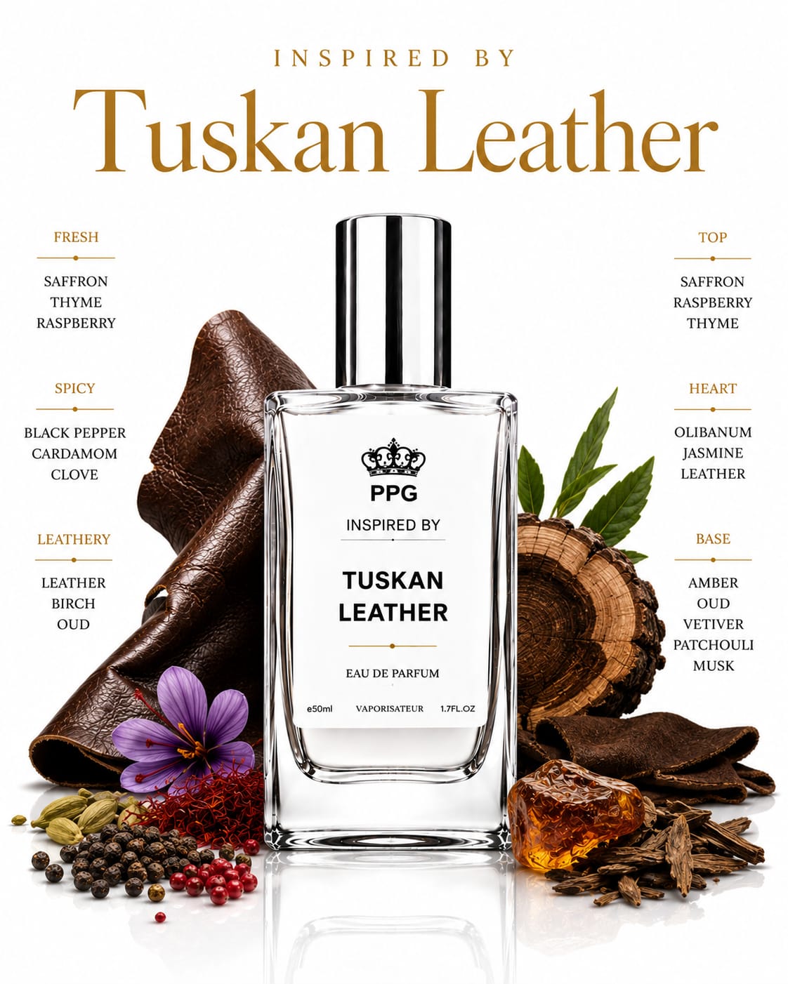 Tuskan Leather Perfume Spray: Bold Rich Tuscan Leather Type Scent, Vegan EDP 50ml