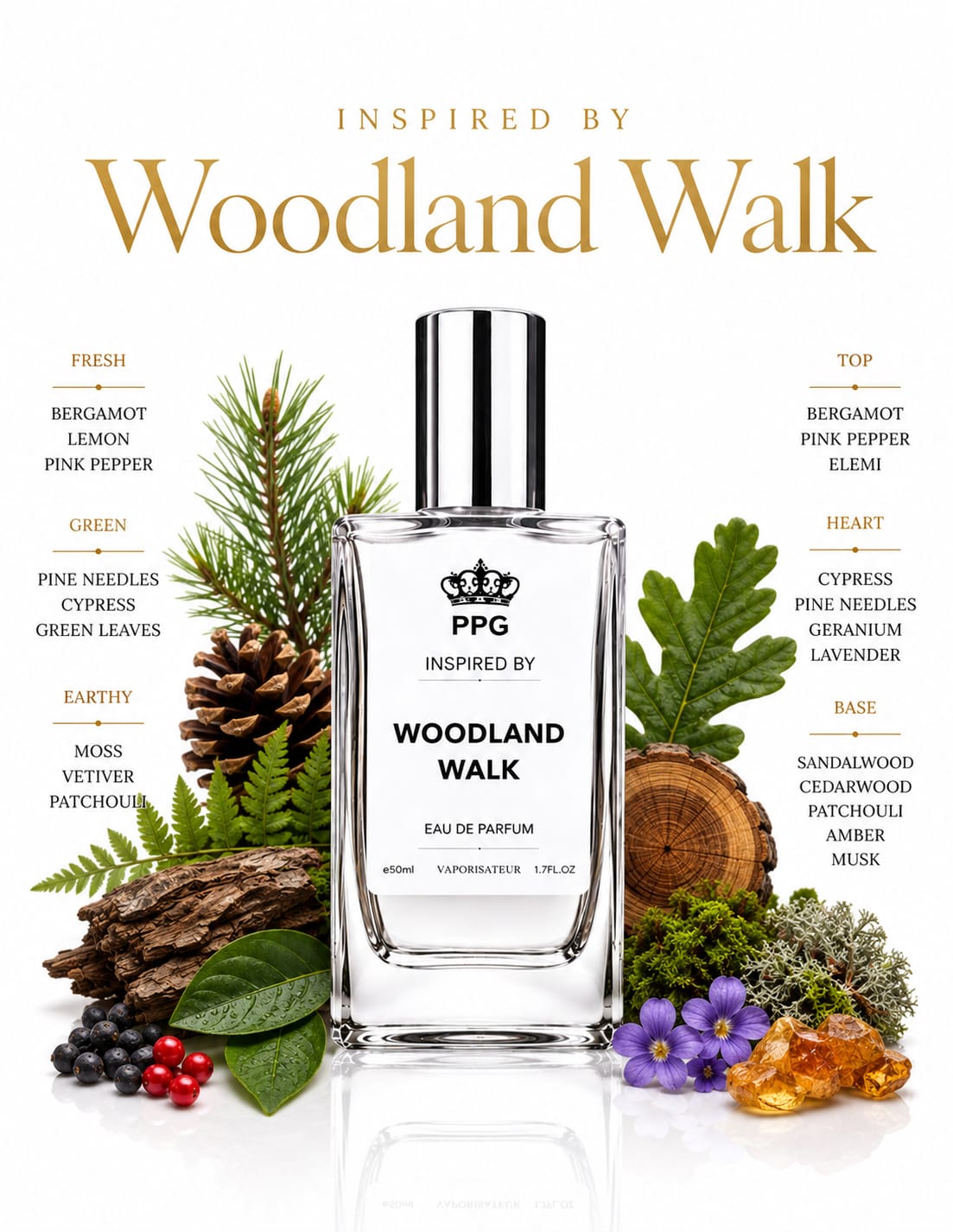 Woodland Walk Perfume Spray: Fresh Earthy Woody Mossy Scent, Vegan EDP 50ml