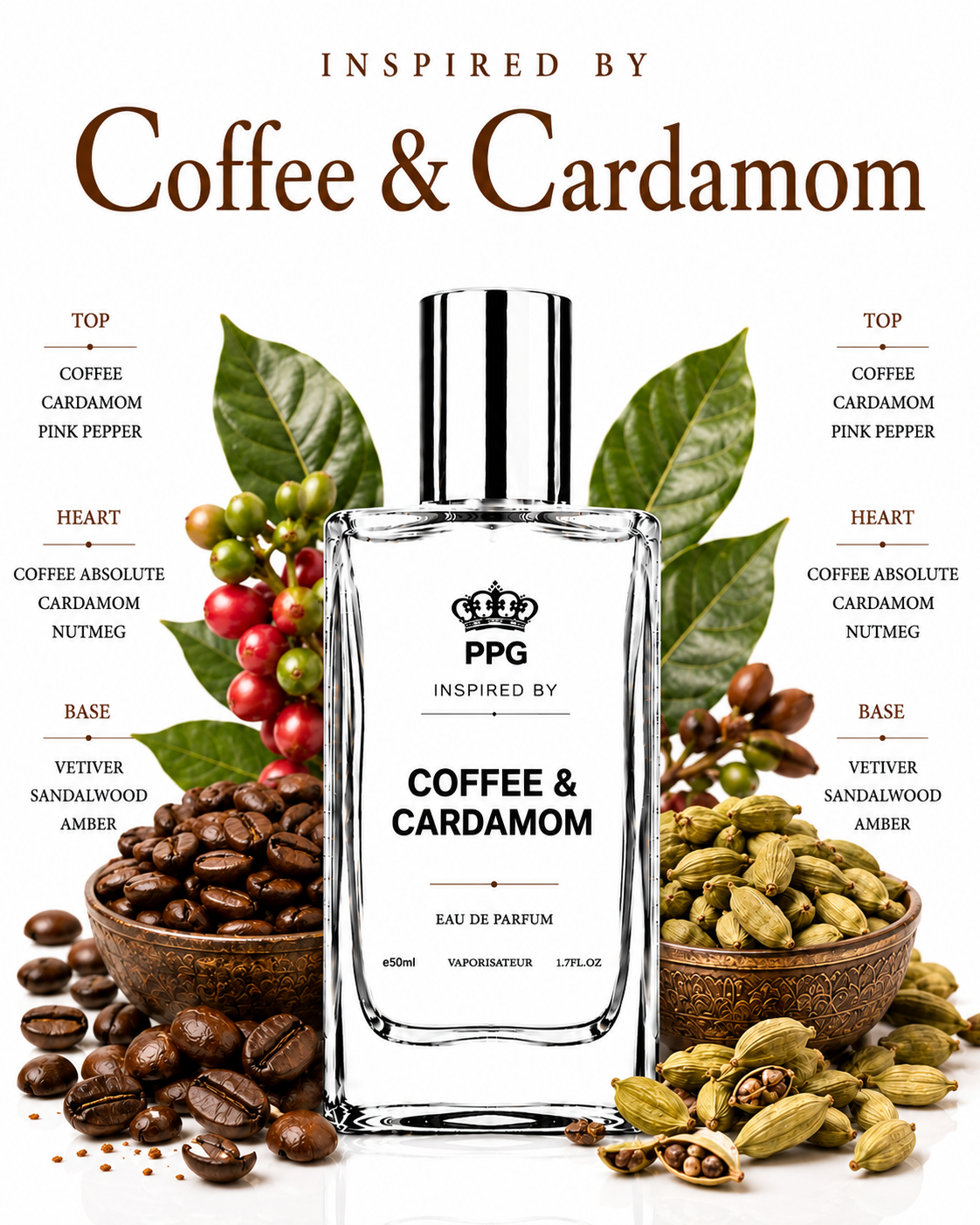 Coffee & Cardamom Perfume Spray: Fresh Rich Aromatic Warm Spicy Scent, Vegan EDP 50ml