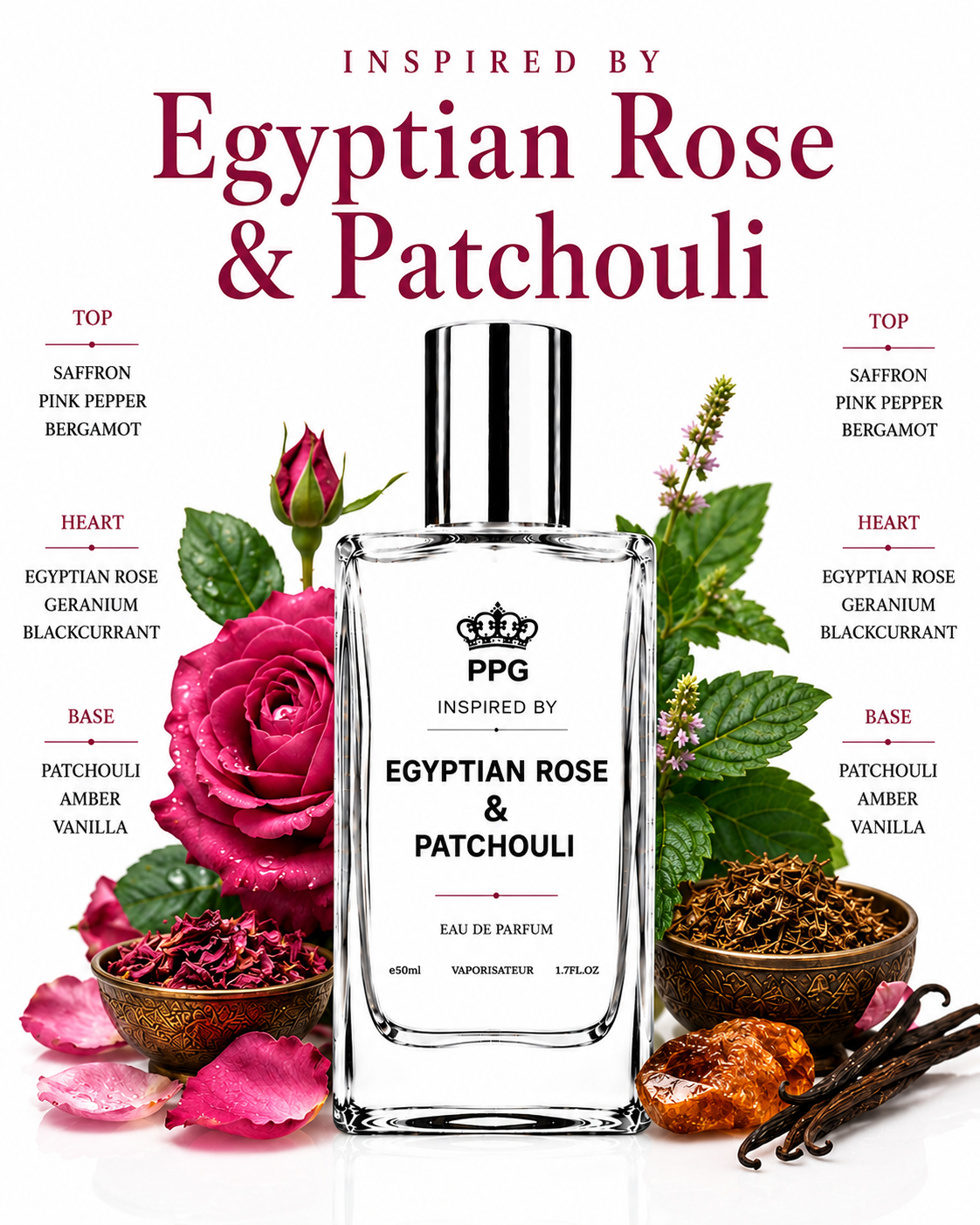 Egyptian Rose & Patchouli Perfume Spray: Rich Earthy Floral Scent, Vegan EDP 50ml
