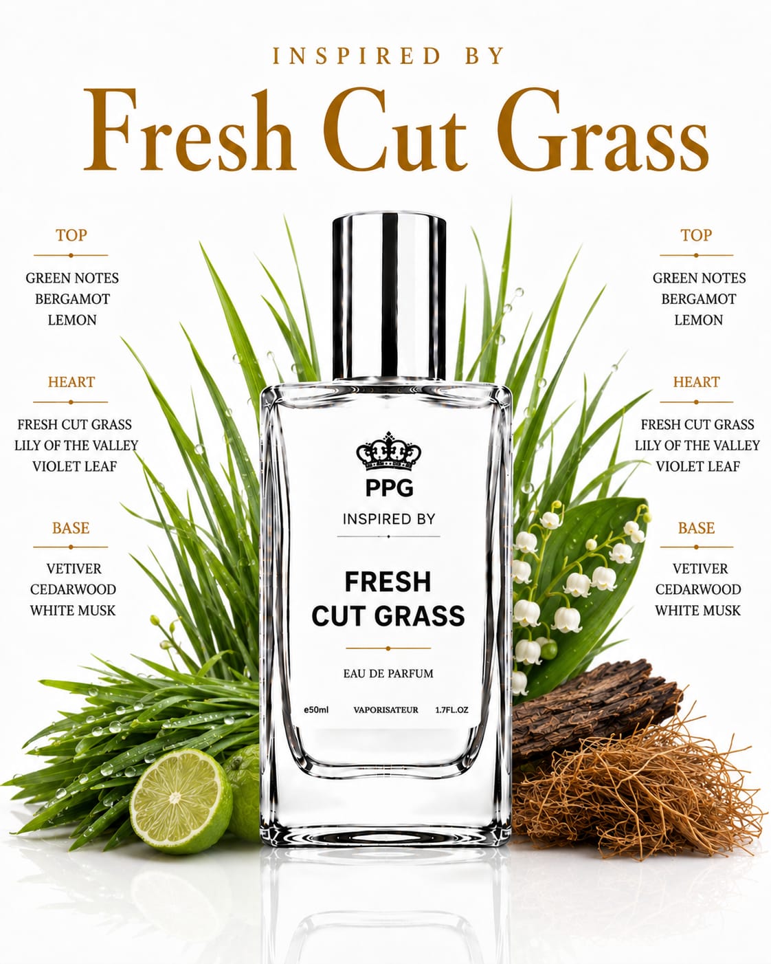 Fresh Cut Grass Perfume Spray: Vibrant Crisp Fresh Uplifting Scent, Vegan EDP 50ml