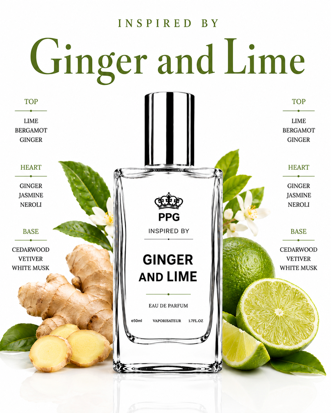 Ginger & Lime Perfume Spray: Vibrant Crisp Fresh Zesty Scent, Vegan EDP 50ml