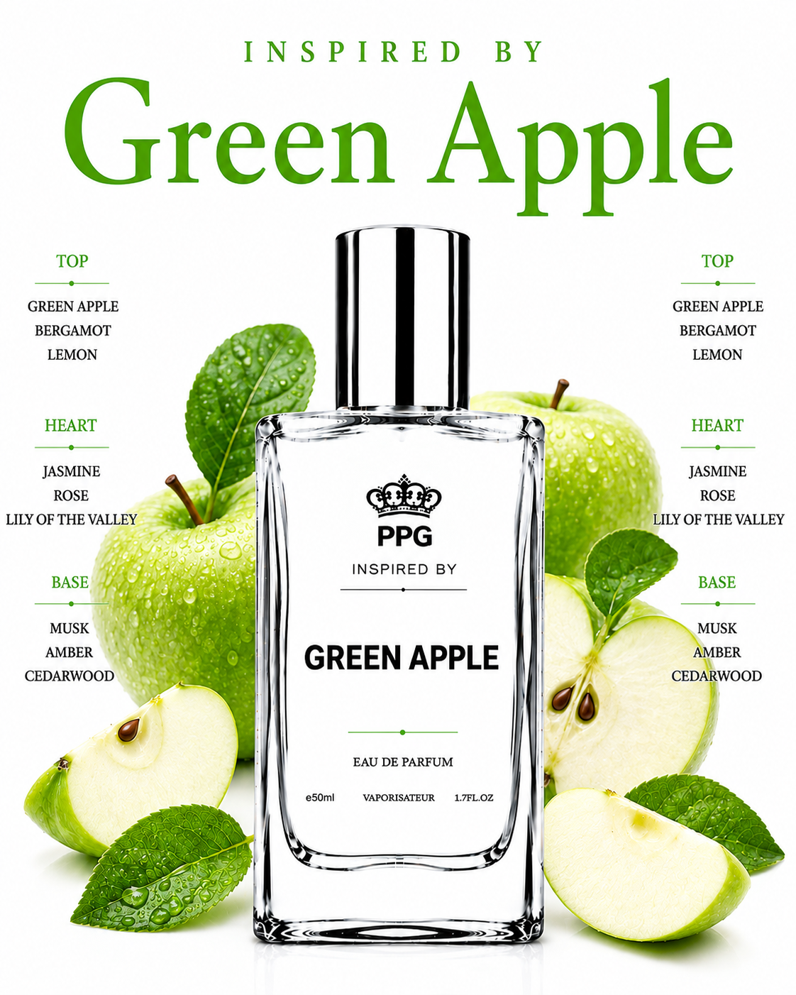 Green Apple Perfume Spray: Refreshing Crisp Fresh Juicy Scent Vegan EDP 50ml