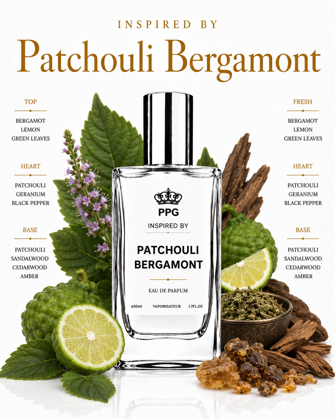 Patchouli Bergamot Perfume Spray: Earthy Woody Citrus Scent, Vegan EDP 50ml