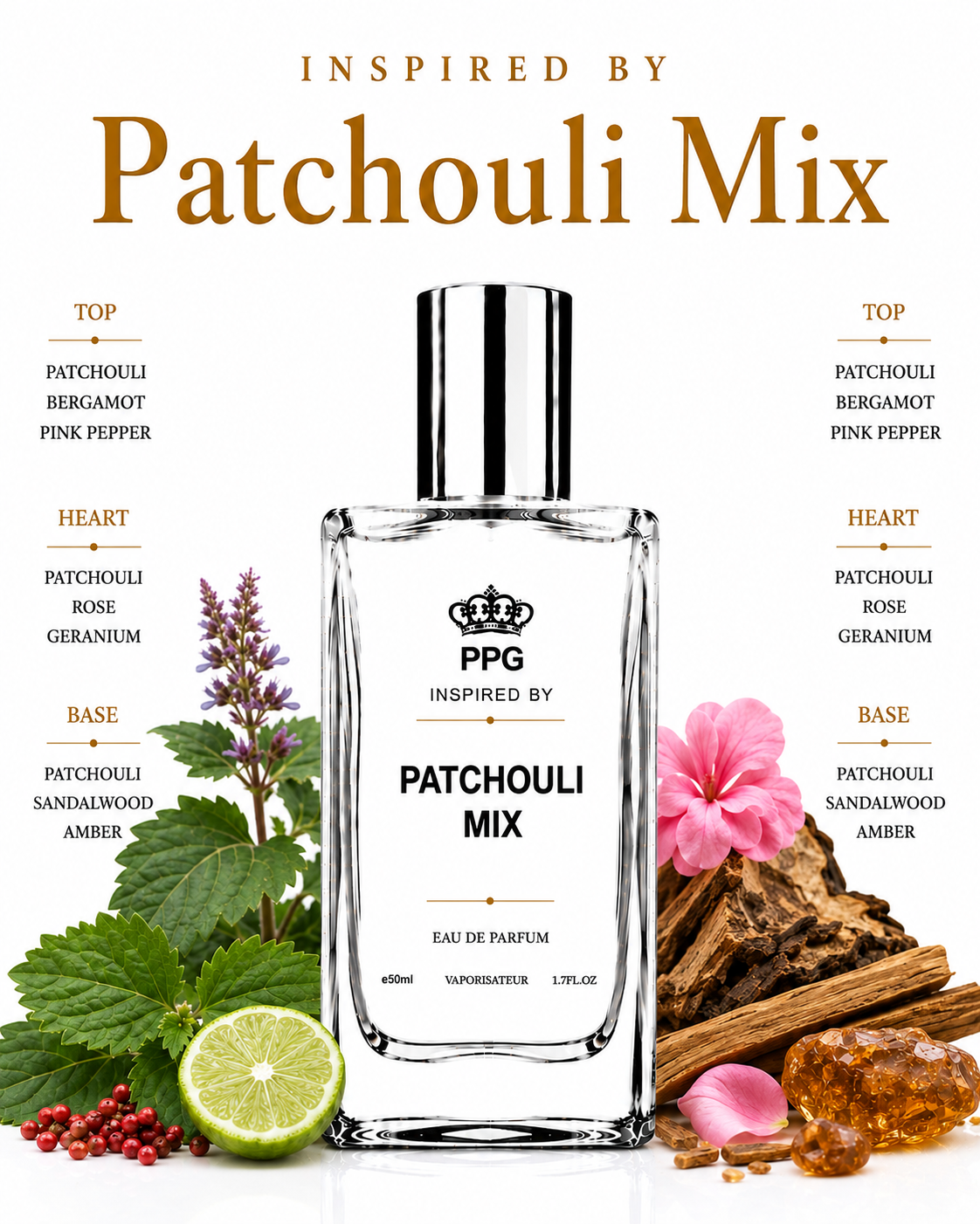 Patchouli Mix Perfume Spray: Vibrant Citrus Earthy Woody Scent, Vegan EDP 50ml