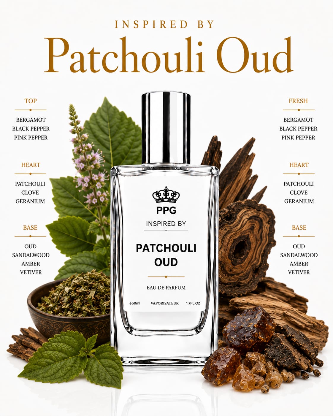 Patchouli Oud Perfume Spray: Rich Earthy Woody Scent, Vegan EDP 50ml