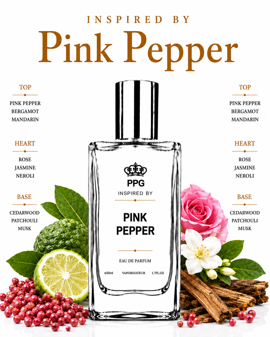 Pink Pepper Perfume Spray: Luxurious Rich Fresh Spicy Scent, Vegan EDP 50ml