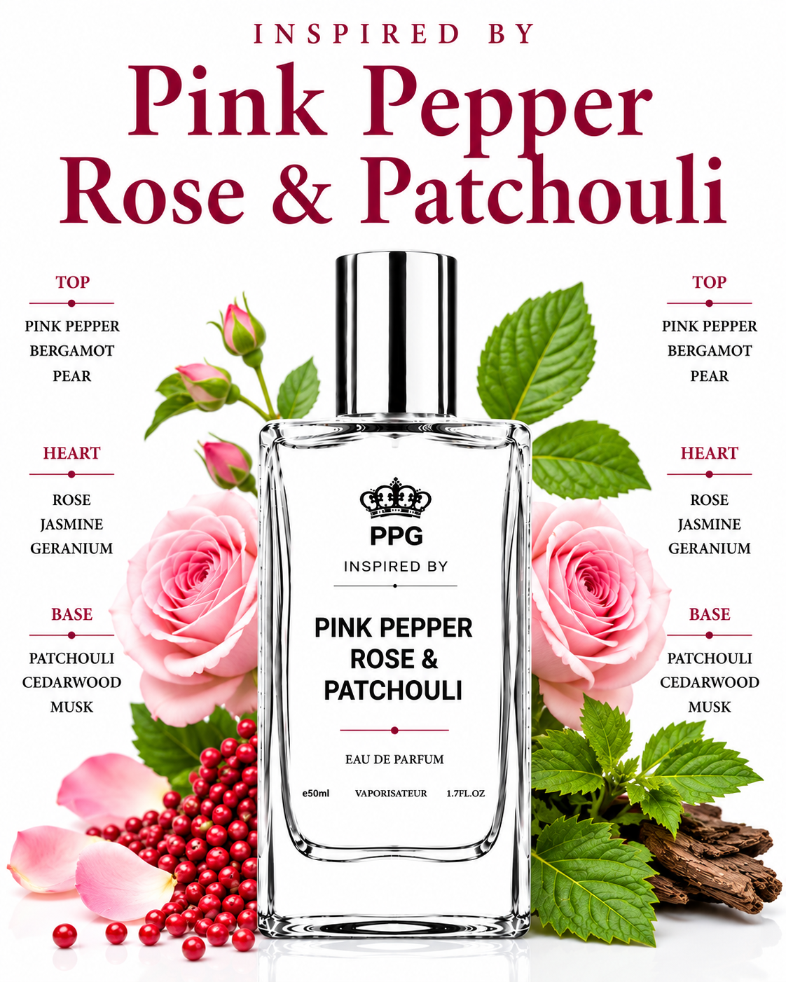 Pink Pepper Rose & Patchouli Perfume Spray: Luxurious Rich Fresh Floral Spicy Scent, Vegan EDP 50ml