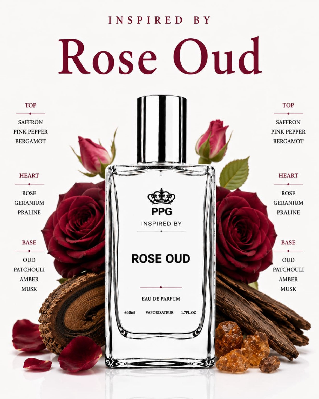 Rose Oud Perfume Spray: Luxurious Fresh Floral Elegant Scent, Vegan EDP 50ml