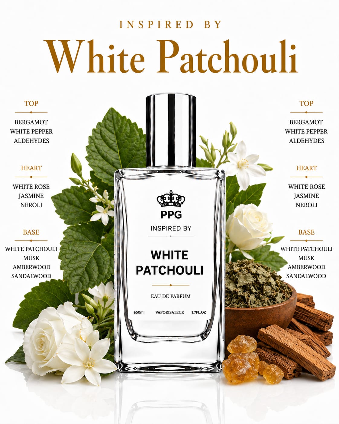White Patchouli Perfume Spray: Captivating Floral Musk Scent, Vegan EDP 50ml